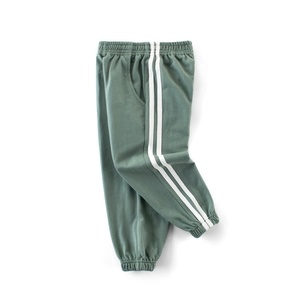 Morandi green boys' jogger pants with white side stripes and elastic waist for spring