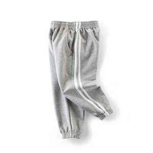 Classic grey boys joggers with white side stripes and comfortable elastic waistband
