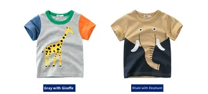 Detailansicht von Kinder-T-Shirts mit Giraffen- und Elefantenmotiven aus Baumwolle