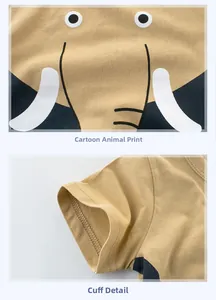 Details des Elefanten-Aufdrucks und der Ärmelnähte am Baumwoll-Kinder-T-Shirt