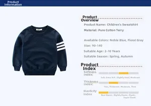 Detail view of cotton kids sweatshirt fabric and size specifications for autumn wear