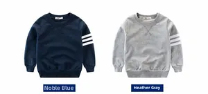 Detailed flat lay of royal blue and heather grey sweatshirts with signature white stripes