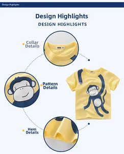 Detail view of cotton t-shirt collar, cute monkey print, and hem for boys