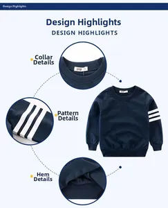 Detail of dark blue kids sweatshirt with white stripes and inner size 90 neck label