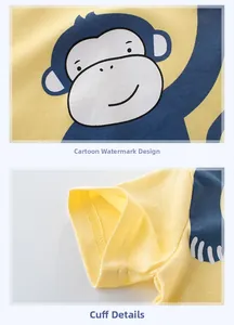 Detailed views of cotton yellow t-shirt featuring cartoon monkey print and sleeve stitching