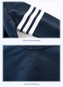 Detail of white stripe prints on sleeves and decorative neckline stitching on kids navy sweatshirt