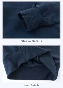 Detail view of ribbed cuffs and hem on navy blue long sleeve sweatshirt for kids