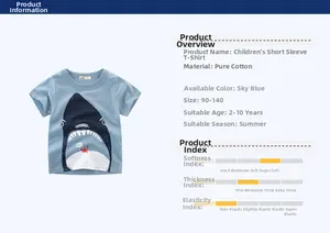 Détails du t-shirt requin en coton bleu avec qualité du tissu et guide des tailles