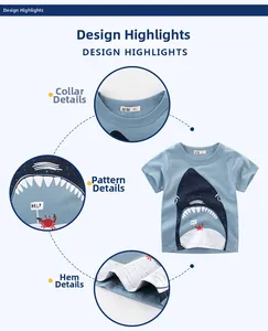 Détails du t-shirt en coton montrant l'imprimé requin, le col et les finitions