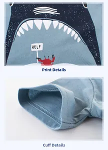 Détails de l'imprimé et des coutures du revers sur un t-shirt en coton bleu enfant