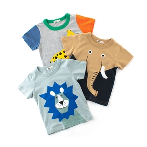 Jungen Kurzarm T-Shirt Baumwolle Cartoon Tier Löwe Elefant Giraffe Druck Lässige Rundhals Oberteile Für Kleinkinder Kinder