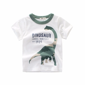 Boys 100% Cotton Short Sleeve T-Shirt Kids Casual Summer Top With Dinosaur Camouflage Print Contrast Crew Neck Shirt