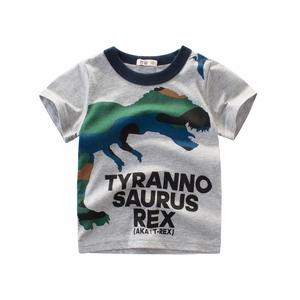 Grey boys' cotton short sleeve T-shirt with a camouflage dinosaur graphic and navy crew neck