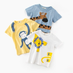 Kids Cotton Short Sleeve T-Shirt Cartoon Animal Print Giraffe Monkey Lion Crew Neck Summer Casual Boys Girls Tops