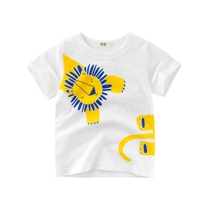 White cotton t-shirt for toddler boys with vibrant yellow cartoon lion print in flat lay