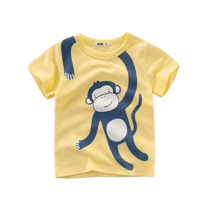 Bright yellow kids t-shirt featuring a fun navy blue monkey cartoon print on the front