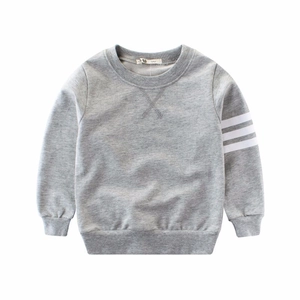 Classic heather gray kids long sleeve sweatshirt with white triple stripes on the sleeve
