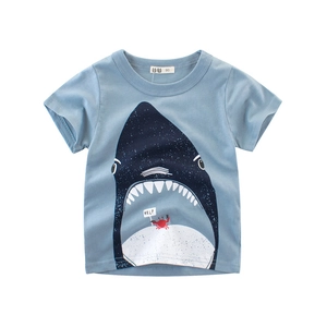 T-Shirt Enfants Manches Courtes 100 Pour Cent Coton Imprimé Requin Crabe Dessin Animé Col Rond Haut Été Garçons Filles