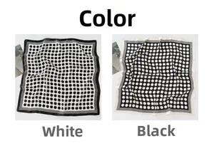 Detailed comparison of black and white polka dot silk square scarves with striped borders