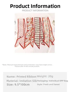 Close-up of four floral print faux silk skinny scarves on white fabric background