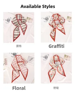 Detail of four silk twilly scarves with floral and geometric patterns for hair and bags