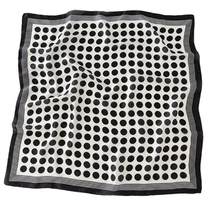 Elegant polka dot square silk scarf with black and white print and striped borders