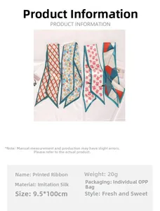 Detailed view of printed silk-like floral ribbons with size and weight specifications