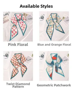 Detailed view of four floral and geometric satin twilly scarves with navy blue borders