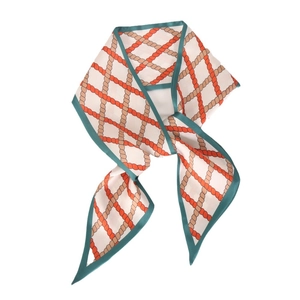 Narrow satin neck scarf with rope check pattern and dark green borders for styling