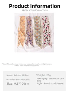 Detail of four floral satin skinny scarves showing dimensions 9.5x100cm and silk texture