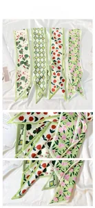 Affichage détaillé de quatre foulards étroits en satin floral avec des bouts pointus