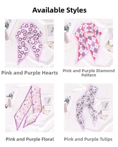 Vue détaillée de quatre foulards twilly étroits aux motifs floraux roses et violets