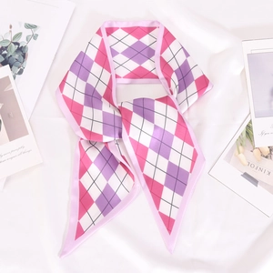 Foulard étroit en soie à motif losanges rose pour femme, ruban pour sac ou cheveux