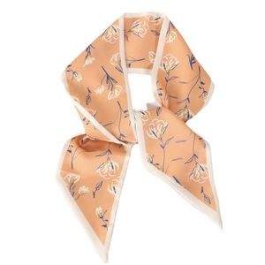 Floral print satin skinny scarf in light orange pink with white flowers and blue leaves