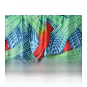 Macro view of satin fabric texture with colorful retro linear prints and smooth finish