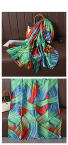 Detail of silk satin scarf with colorful abstract woven patterns and lustrous finish