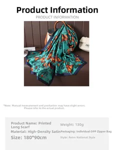 Detail of vintage ginkgo floral print silk scarf in dark green and orange, 180x90cm size