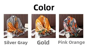 Vues détaillées de foulards en satin avec d'élégants imprimés pivoines en tons argent, or et rose