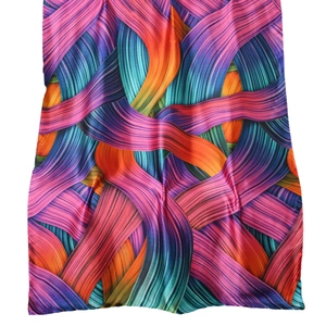 Artistic vintage silk scarf with colorful abstract lines and vibrant satin texture