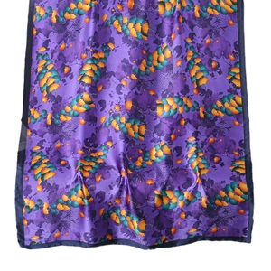 Purple silk scarf with vintage yellow ginkgo leaf print and satin glossy finish