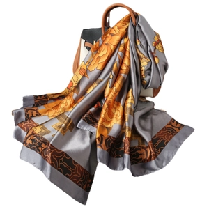 Écharpe élégante en soie au style chinois avec imprimé pivoine et motifs géométriques