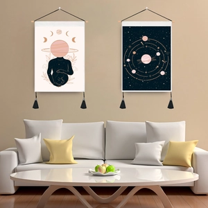 Galaxy Universe Moon Phase Tapestry Cotton Polyester Wall Hanging With Wooden Rod And Tassels Nordic Style Home Decor