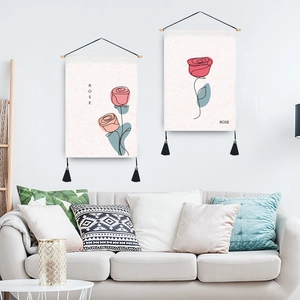 Minimalist vintage rose wall tapestry with wooden rod and black tassels for living room decor