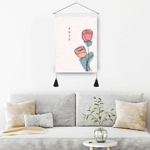 Minimalist vintage rose wall tapestry with pink hand-drawn floral art and black tassels