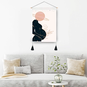 Cosmic mother and universe silhouette wall tapestry with wood frame and tassels