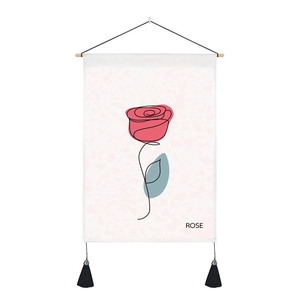 Vintage rose line art wall tapestry with wooden rod and black decorative tassels