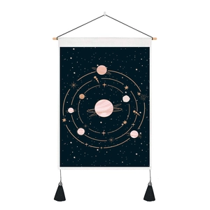 Starry galaxy tapestry with pink planets, gold stars, wooden pole and black tassels