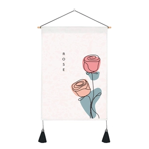 Minimalist vintage rose wall tapestry with wooden rod and black tassels for living room decor