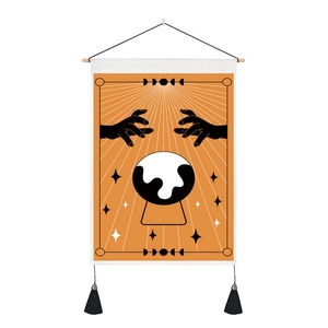 Minimalist mystical tarot tapestry with crystal ball, moon phases and wooden hanger