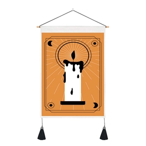 Vintage tarot style tapestry with candle and moon motifs, wooden rod, and black tassels